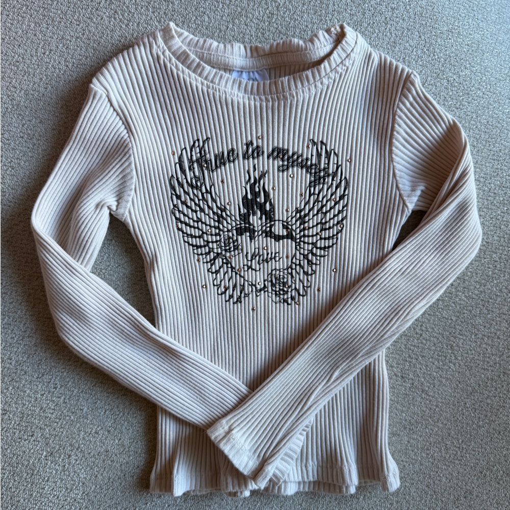 Zara Cream Ribbed Long Sleeve Tee with Black Graphic